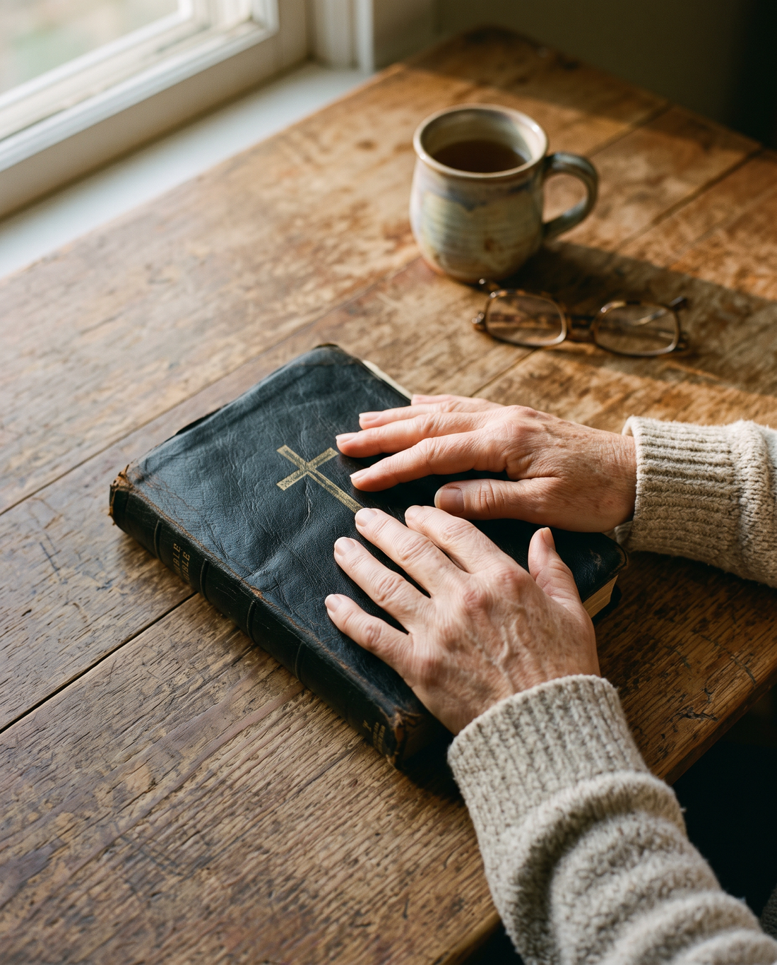 Hands resting on a worn Holy Bible with a gold cross on the cover