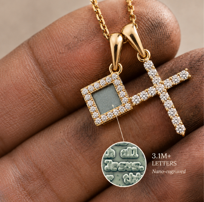 Macro view of the Sacred Cross necklace and nano engraved Bible