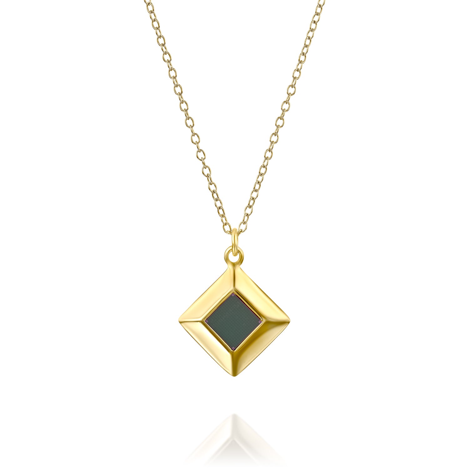 Gold necklace with a diamond-shaped pendant featuring a dark central stone.